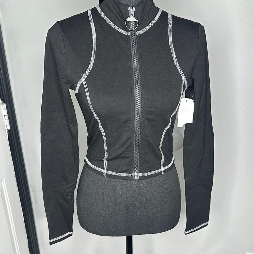 Black Active Zip-Up Jacket & Leggings with White Stitching - Picture 3 of 10